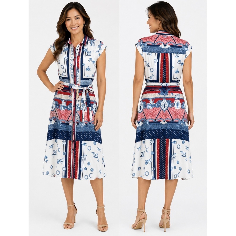 Hale Bob Nautical Shirt Dress Women's XS Blue Coastal Button Down Tie Belt NWT